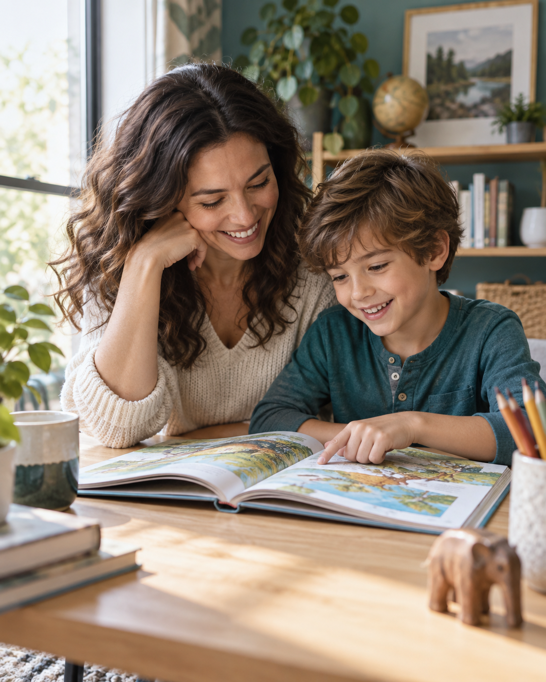 Annesiyle birlikte kitap inceleyen öğrenci